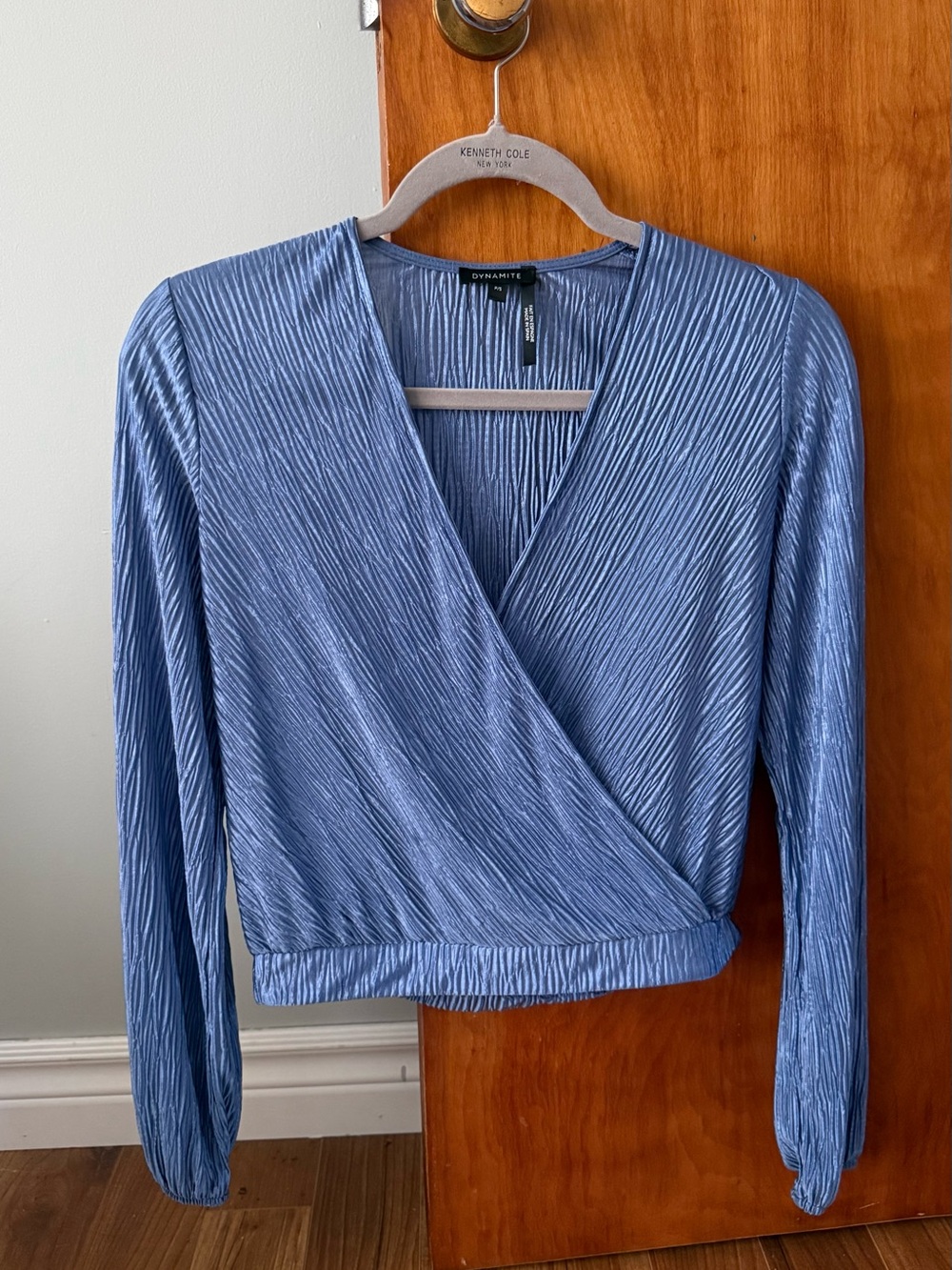 Dynamite Blue Pleated Shimmer Wrap Long Sleeve Crop Top Size P/S